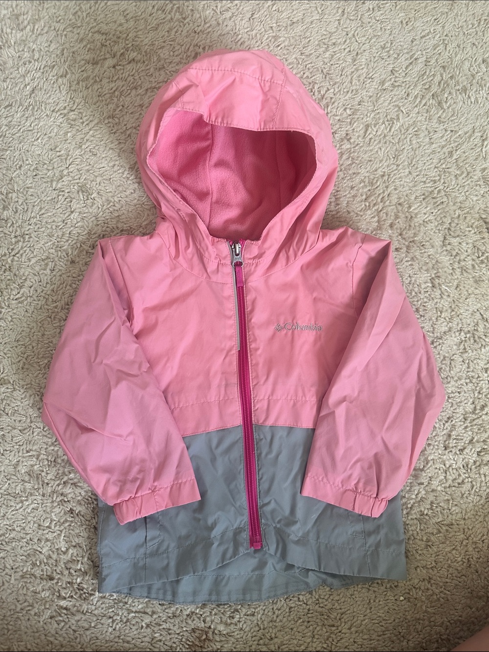 Columbia Pink and Gray Kids' Hooded Rain Jacket